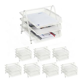 Relaxdays 8 Organizadores Oficina 3 Niveles, Bandeja Documentos Metal, Soportepara Papel A4, 26,5x29,5x 35,5 Cm, Blanco