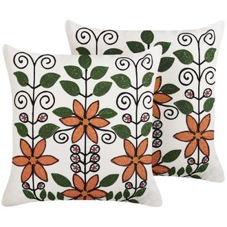 Beliani Conjunto De 2 Cojines De Algod&oacute;n Blanco Naranja Verde Negro 50 X 50 Cm Vellore