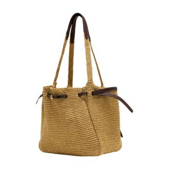 Tory Burch Womens Raffia Straw Shoulder Bag Beige