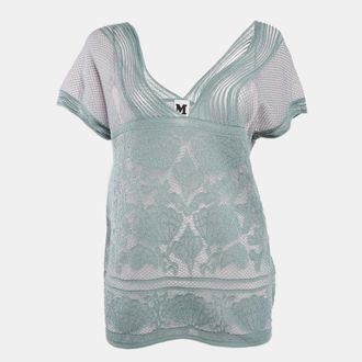 M Missoni Ice Blue Lurex Textured Knit V-Neck Top L
