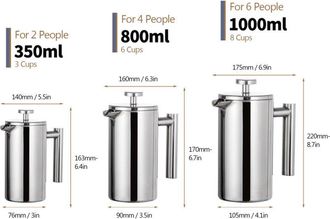 Elle Cafetera De &Eacute;mbolo De Acero Inoxidable Con Doble Pared Aislada, 350 Ml/800 Ml/1000 Ml