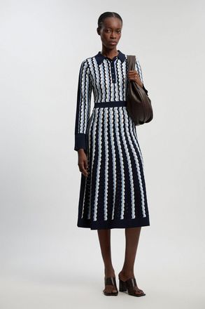 Karen Millen Womens Knit Pointelle Contrast Collared Midi Dress - Blue viscose - Size X-Small