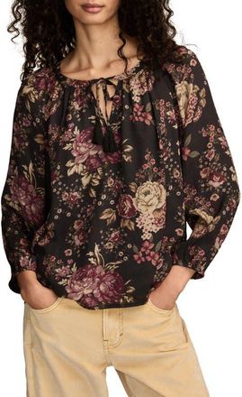Lucky Brand Floral Print Tie Neck Top in Black/Multi at Nordstrom, Size Xx-Large