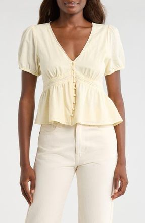 Lucky Brand Lace Detail Linen Blend Peplum Top in Pastel Yellow at Nordstrom, Size Xx-Large