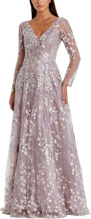 Mac Duggal Embellished Wrap Over Illusion Long Sleeve A Line