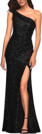 La Femme Sequin One-Shoulder Gown in Black at Nordstrom, Size 16