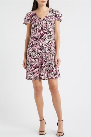 Anne Klein Floral Print Flutter Sleeve Dress in Pink Berry Multi at Nordstrom, Size X-Large