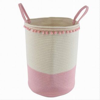 Trade Shop Trade Shop - Cesto Portaoggetti Per Biancheria In Corda Pon Pon Rosa Con Manici 35x45cm 10668