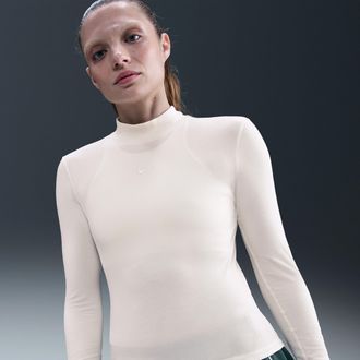 Nike Womens Nike Sportswear Chill Knit Slim Long-Sleeve Mock-Neck T-Shirt in Brown | HV5027-110