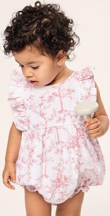 Petite Plume Floral Twill Ruffled Romper in Pink at Nordstrom, Size 12-18M