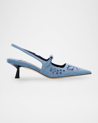 Jimmy Choo London Didi 45 Embroidered Chambray Slingback Pumps