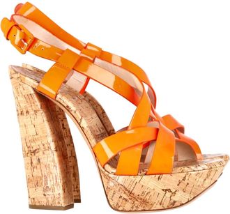 Casadei Crisscross High Block Heel Sandals in Orange Patent Leather