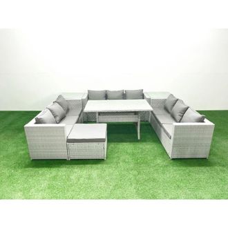 Fimous Rattan Garden Outdoor Furniture Set 10 Seater Garden Sofa Rectangulr Dining Table Set with Big Footstool 2 Side Tables Light Grey Mixed - Fimous