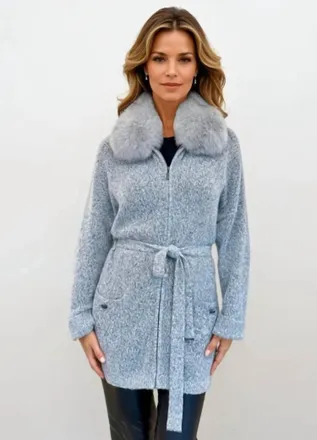 Max & Moi Long Zip Cardigan With Fox Fur Collar In Lt. Grey