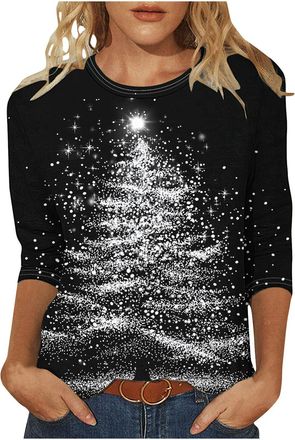 Generic Christmas Jumpers for Women UK Funny Cute Glitter Xmas Tree Graphic Printed Sweatshirts Crew Neck 3/4 Sleeve T Shirt Casual Print Patterns Holiday Jum