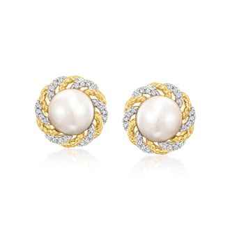 Ross-Simons 7-7.5mm Cultured Pearl and. Diamond Earrings in 18kt Gold Over Sterling