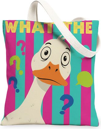 Generic Funny Duck Canvas Tote Bags, Colorful Striped Design Reusable Grocery Bags, Lightweight Washable Shoulder Strap Canvas for, Multicolor, 13x15 Inch