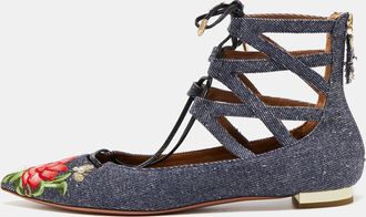 Aquazzura Blue Floral Embroidered Denim Christy Flat Sandals