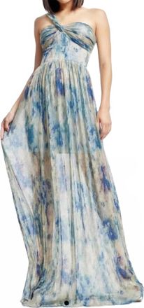 Dress The Population Idalia Metallic Abstract Floral Print One-Shoulder Gown In Pale Blue