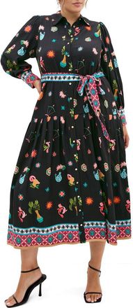 City Chic Lina Long Sleeve Belted Maxi Shirtdress in La Mont Black at Nordstrom, Size 12W