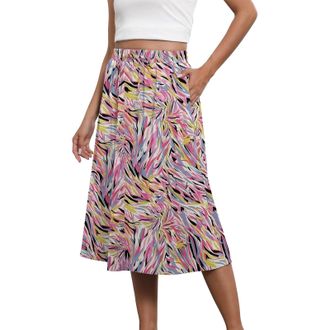 Generic Print Skirt Ladies Skirts Elasticated Waist Knee Length: High Waist Flared Skirt Midi Lounge Skirt with Pockets A-Line Skirt for Women Flared Skirts M