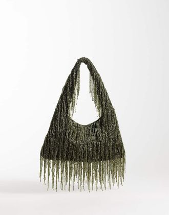 Asos Premium - Borsa da spalla verde decorata con frange