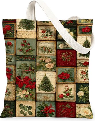 Generic Christmas Floral Canvas Tote Bags, Botanical Design Reusable Grocery Bags, Winter Lightweight Washable Shoulder Strap, Red, 13x15 Inch