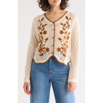 Forgotten Grace Floral Embroidered Open Stitch Cardigan in Natural/Ginger at Nordstrom Rack, Size X-Large