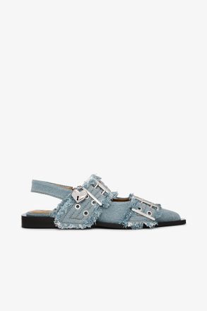 Ganni Feminine Buckle Ballerinas in Denim with Charms - Size 35 Recycled Cotton