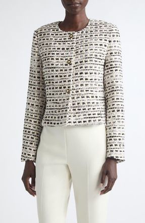 St. John Rosa Basket Weave Tweed Jacket in Linen/black Multi at Nordstrom, Size 10
