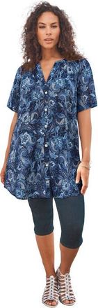 Roaman's Plus Size Angelina Crinkle Crepe Y-Neck Short Sleeve Tunic in Navy Paisley Floral Print at Nordstrom, Size 38