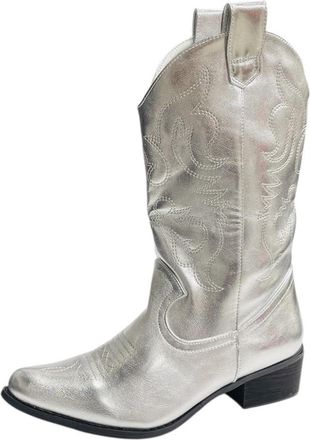 Generic Womens Embroidered Faux Patent Cowboy Ladies Mid Calf Walking Fashion Boots (Silver, One Size, UK Footwear Size System, Adult, Women, Numeric, Medium,