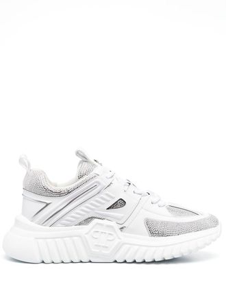 Philipp Plein leather rhinestone-embellished runner sneakers - White