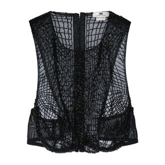 Elisabetta Franchi Sleeveless Tops, female, Black, Size: S Tulle Top with Embroidered Crystals