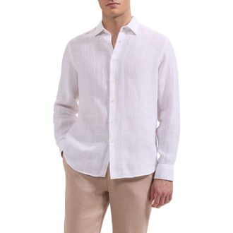 Bugatchi Julian Windowpane Linen Blend Button-Up Shirt in White at Nordstrom, Size Xxx-Large