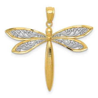 Diamond2Deal 14k Yellow Gold with Rhodium Dragonfly Pendant