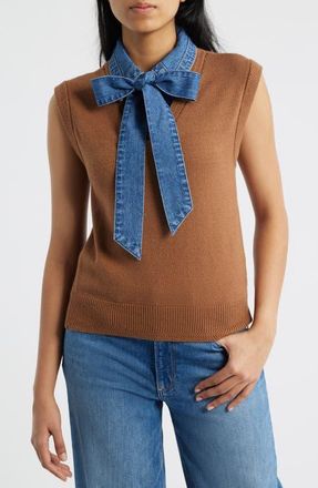 Wit & Wisdom Mixed Media Removable Bow Neck Sweater in Sahara Sand/Blue at Nordstrom, Size Medium