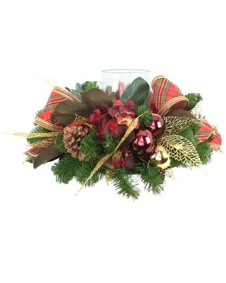 Creative Displays Inc. Handcrafted Holiday Candleholder Decorated With Hydrangeas, Ornaments & Bows