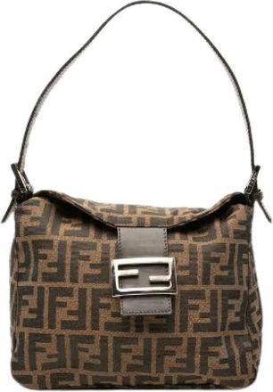 Fendi Pre-owned Shoulder Bags, female, Brown, Size: ONE SIZE Pre-owned Mamma Bucket Zucca Canvas Leather Shoulder Bag