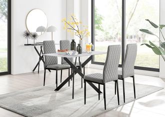 Furniturebox Leonardo White Glass Marble Effect Black Leg Table & 4 Milan Black Leg Chairs in Grey
