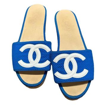 Chanel Blue Fabric CC Slides Size 38.5