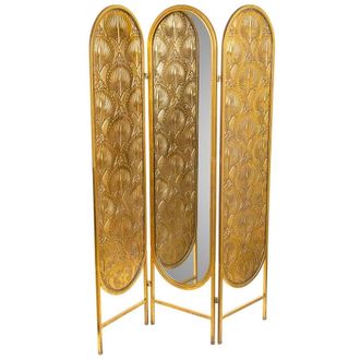 Wanderlust Deco Biombo De 3 Hojas De Metal Con Espejo Central Dorado 121x3x165.5