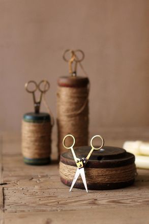 Kalalou Set Of Three Wooden Spools With Jute Twine And Scissors
