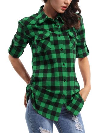 OCHENTA Womens Roll Up Sleeve Button Down Plaid Flannel Shirt Fall Casual Tops, D013 Green Navy, L