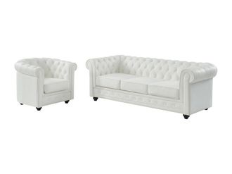 Vente-Unique Sof&aacute; de 3 plazas y sill&oacute;n de piel de b&uacute;falo CHESTERFIELD - Blanco