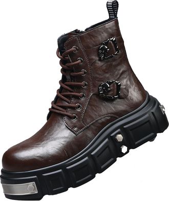 Generic Mens Chunky Heel Platform Short Boots Lace Up Combat Boots with Side Zipper Round Toe PU Leather Biker Boot,Brown,6.5 UK