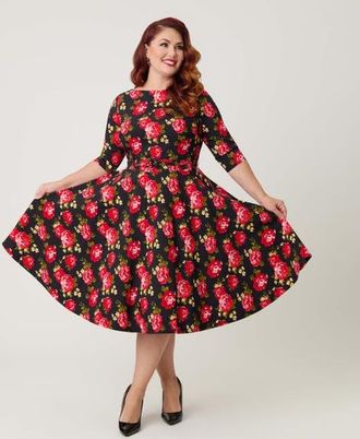 Unique Vintage Plus Size Devon Swing Dress in Black & Red Roses at Nordstrom, Size 3X