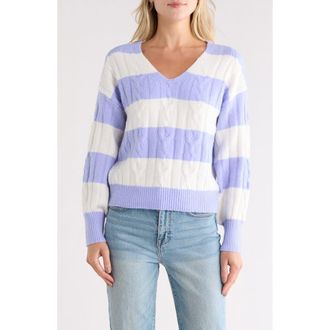 Madden Girl Rugby Stripe Cable Knit V-Neck Sweater in Baby Lavender Combo at Nordstrom Rack, Size X-Large