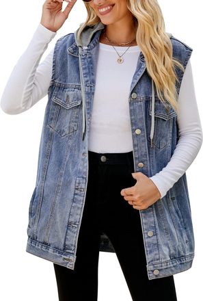 Feoya Womens Oversized Denim Gilet Distressed Baggy Hooded Denim Waistcoat Button Down Sleeveless Jean Jacket Casual Loose Fit Lapel Vest with Hood Pockets 