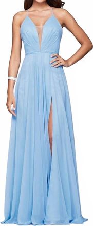 Faviana Chiffon V-Neck Evening Dress In Cloud Blue